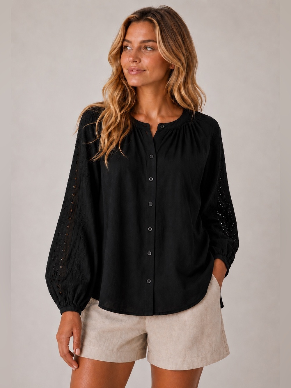 Old Navy Blouse Eyelet Sleeve Button Up Black XL